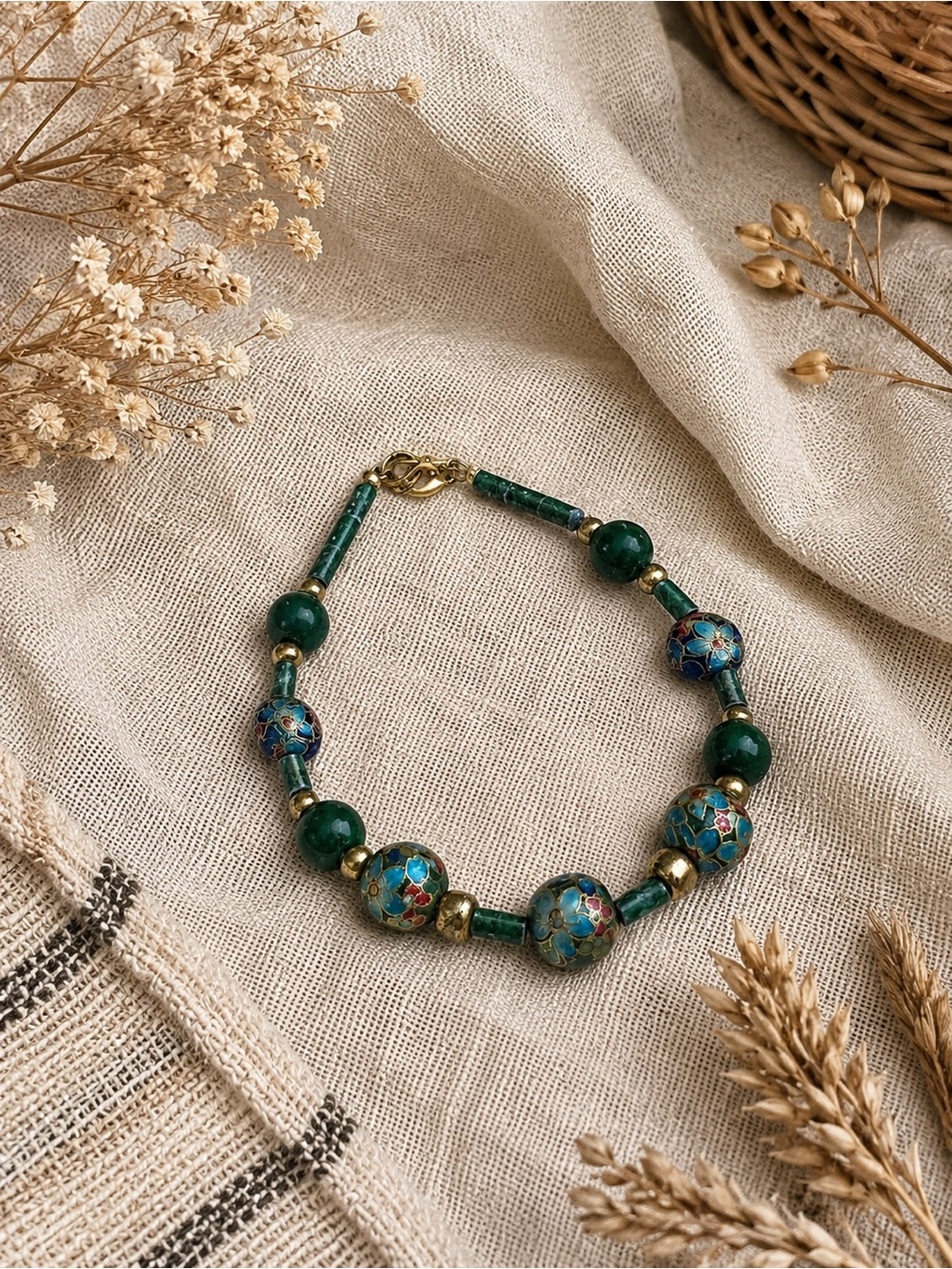 Vintage Chinese Cloisonné Floral Beaded Bracelet Green Enamel Gold Tone